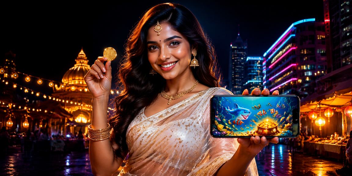 Indian woman playing a mobile fishing game gracefully